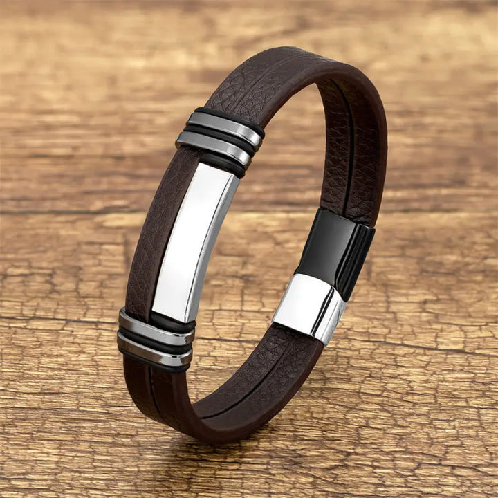 Buddha Stones Brown Leather Titanium Steel Buckle Balance Bracelet - Silver Black / 16-18cm - Bracelet