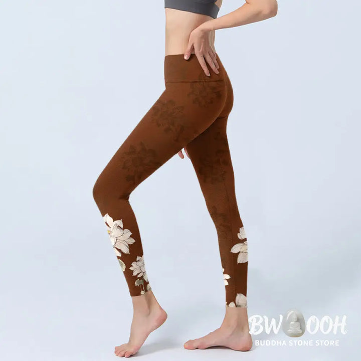 BWOOOH lotus print yoga leggings - Brown White Lotus Flower Print Gym Leggi