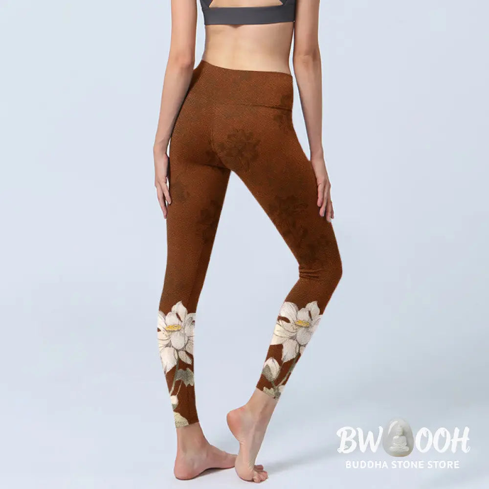 BWOOOH lotus print yoga leggings - Brown White Lotus Flower Print Gym Leggi