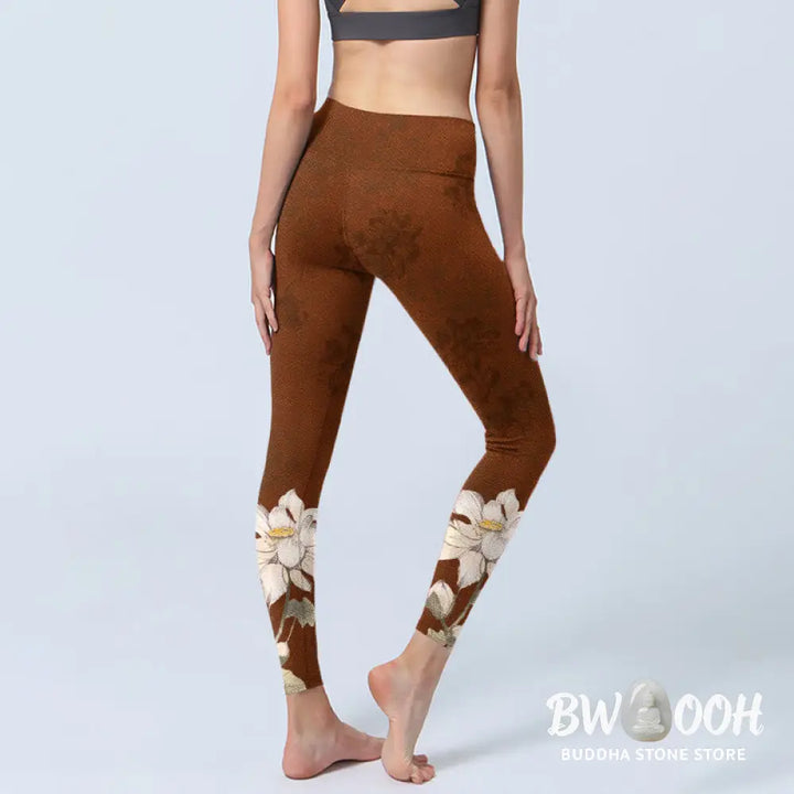 BWOOOH lotus print yoga leggings - Brown White Lotus Flower Print Gym Leggi