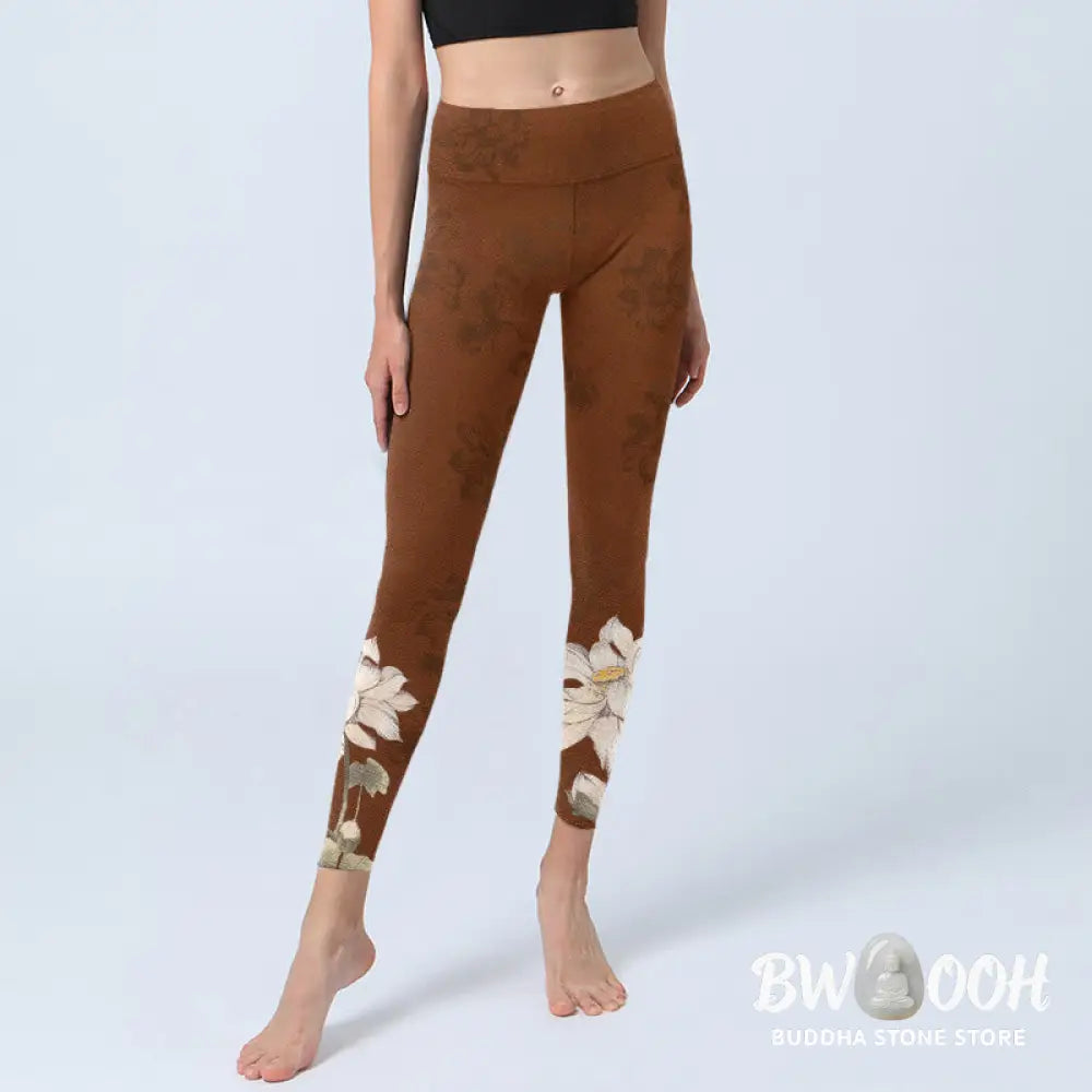 BWOOOH lotus print yoga leggings - Brown White Lotus Flower Print Gym Leggi