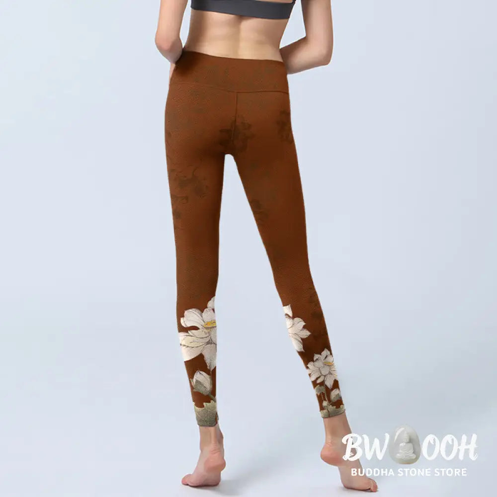 BWOOOH lotus print yoga leggings - Brown White Lotus Flower Print Gym Leggi