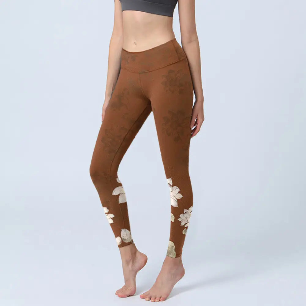 BWOOOH lotus print yoga leggings - Brown White Lotus Flower Print Gym Leggi