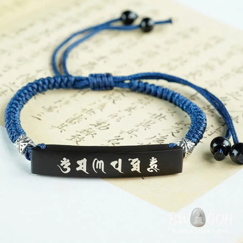 Buddha Stones Buddhism Six True Words Wood Ebony Wood Silver Inlaid Protection Bracelet - BWOOOH - Ebony Wood Silver