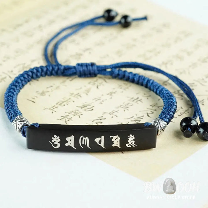 Buddha Stones Buddhism Six True Words Wood Ebony Wood Silver Inlaid Protection Bracelet - BWOOOH - Ebony Wood Silver