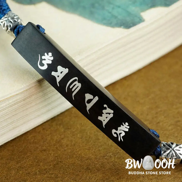 Buddha Stones Buddhism Six True Words Wood Ebony Wood Silver Inlaid Protection Bracelet - BWOOOH - Ebony Wood Silver