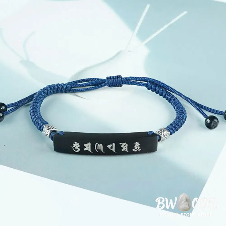 Buddha Stones Buddhism Six True Words Wood Ebony Wood Silver Inlaid Protection Bracelet - BWOOOH - Ebony Wood Silver