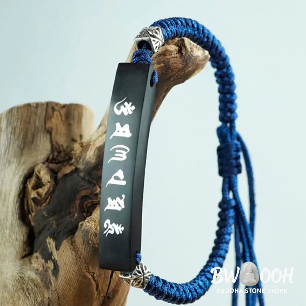 Buddha Stones Buddhism Six True Words Wood Ebony Wood Silver Inlaid Protection Bracelet - BWOOOH - Ebony Wood Silver