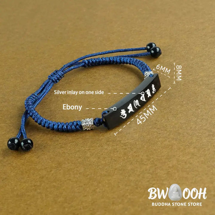 Buddha Stones Buddhism Six True Words Wood Ebony Wood Silver Inlaid Protection Bracelet - BWOOOH - Ebony Wood Silver