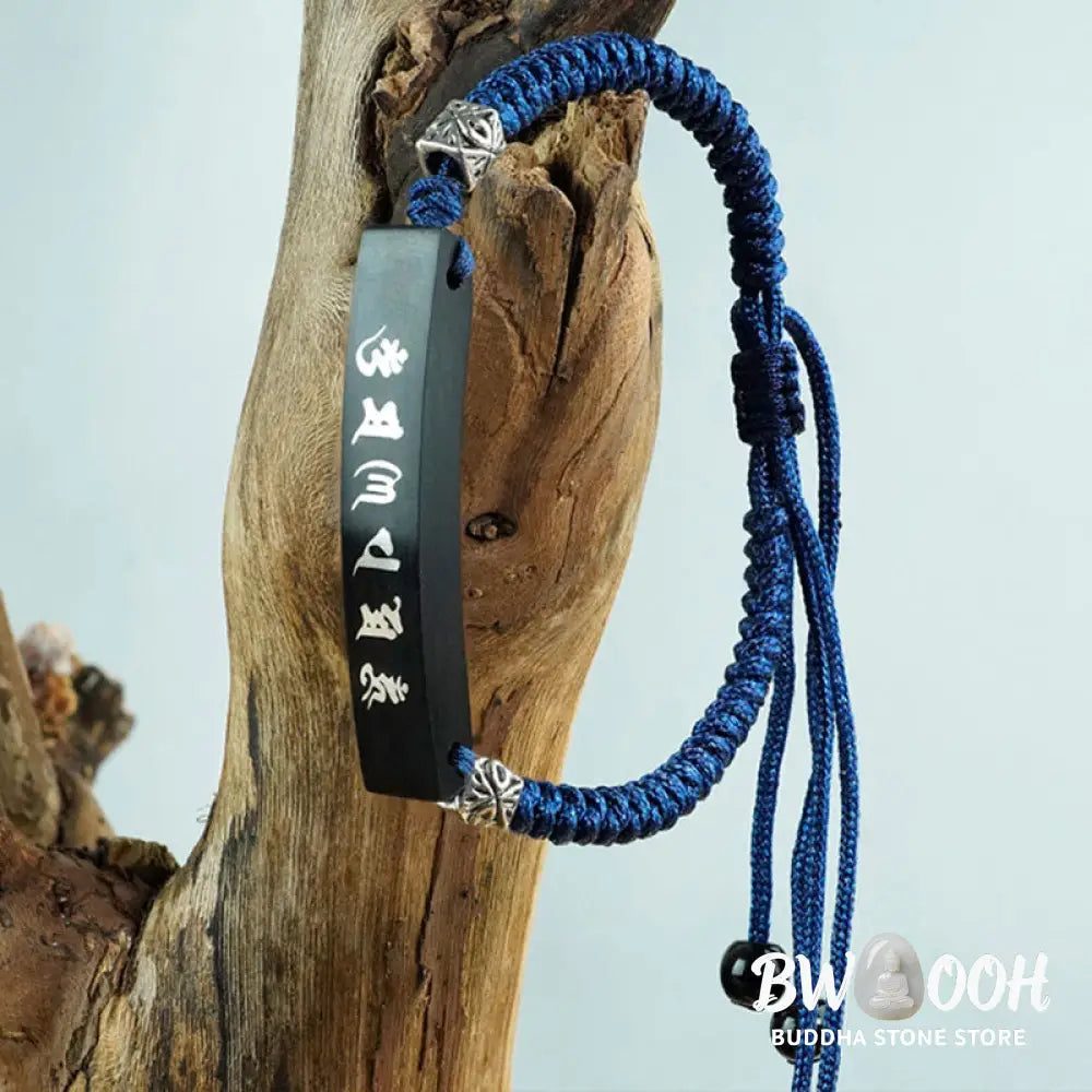 Buddha Stones Buddhism Six True Words Wood Ebony Wood Silver Inlaid Protection Bracelet - BWOOOH - Ebony Wood Silver