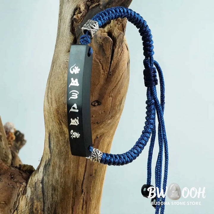 Buddha Stones Buddhism Six True Words Wood Ebony Wood Silver Inlaid Protection Bracelet - BWOOOH - Ebony Wood Silver