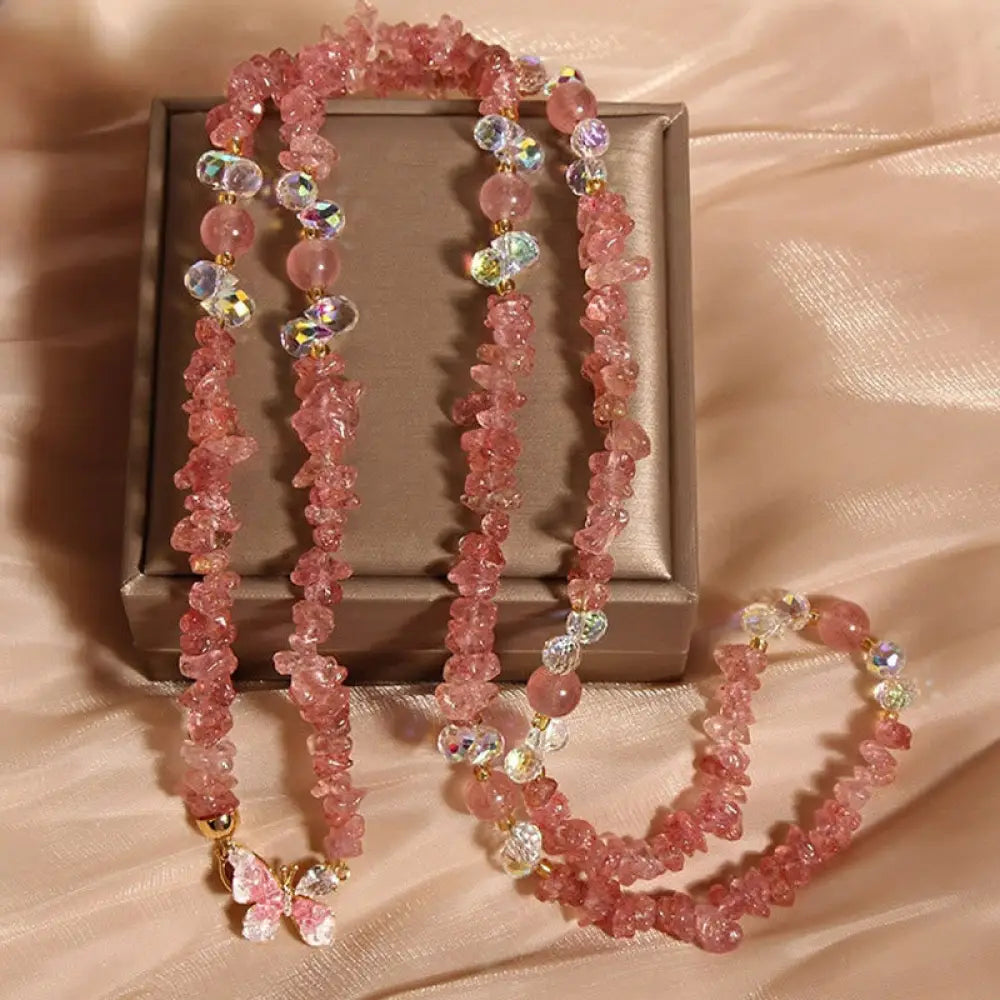 Buddha Stones Butterfly Flower Amethyst Strawberry Quartz Balance Necklace Pendant - BWOOOH - Strawberry Quartz