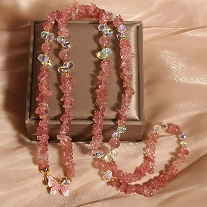 Buddha Stones Butterfly Flower Amethyst Strawberry Quartz Balance Necklace Pendant - BWOOOH - Strawberry Quartz