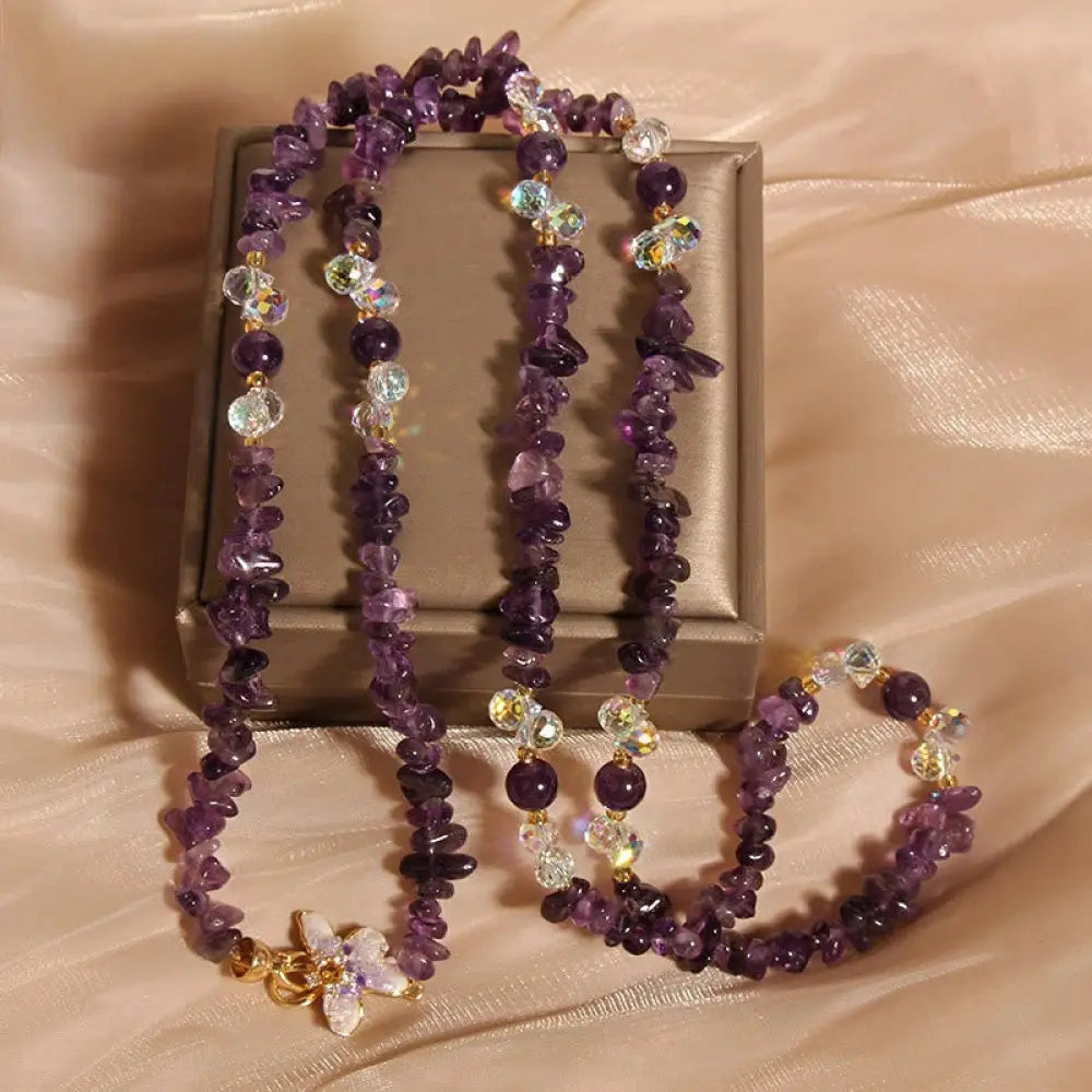 Buddha Stones Butterfly Flower Amethyst Strawberry Quartz Balance Necklace Pendant - BWOOOH - Amethyst - Necklaces &