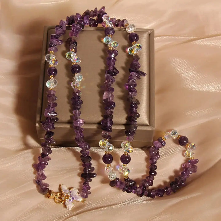 Buddha Stones Butterfly Flower Amethyst Strawberry Quartz Balance Necklace Pendant - BWOOOH - Amethyst - Necklaces &amp;