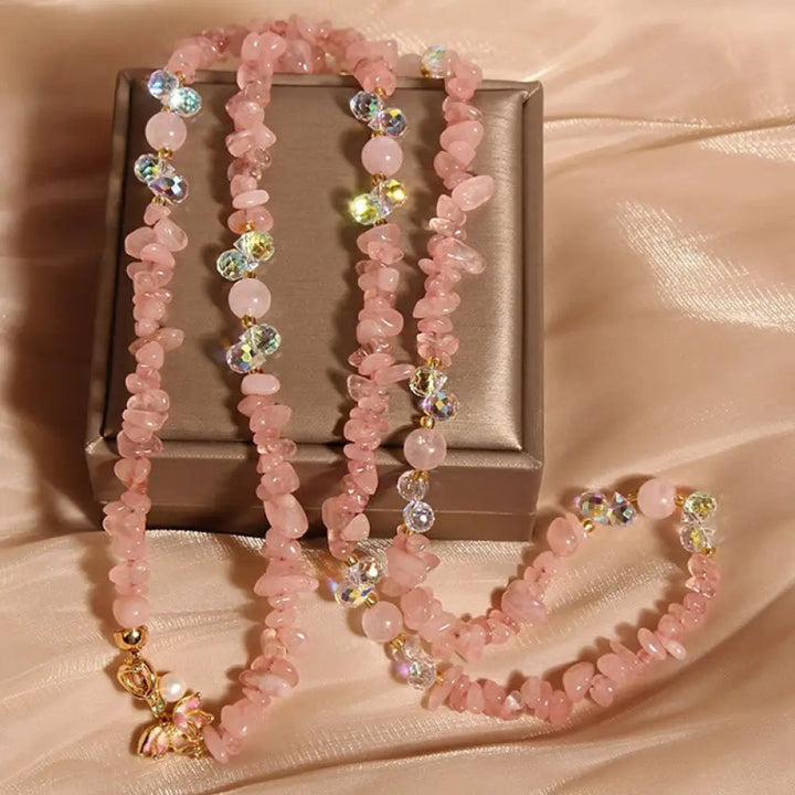 Buddha Stones Butterfly Flower Amethyst Strawberry Quartz Balance Necklace Pendant - BWOOOH - Pink Crystal - Necklaces