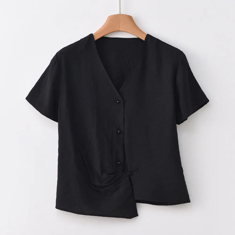 Buddha Stones Button Irregular Design V-Neck Cotton Linen Women’s Short Sleeve Shirt - Black / US4，UK/AU8，EU36 (L)