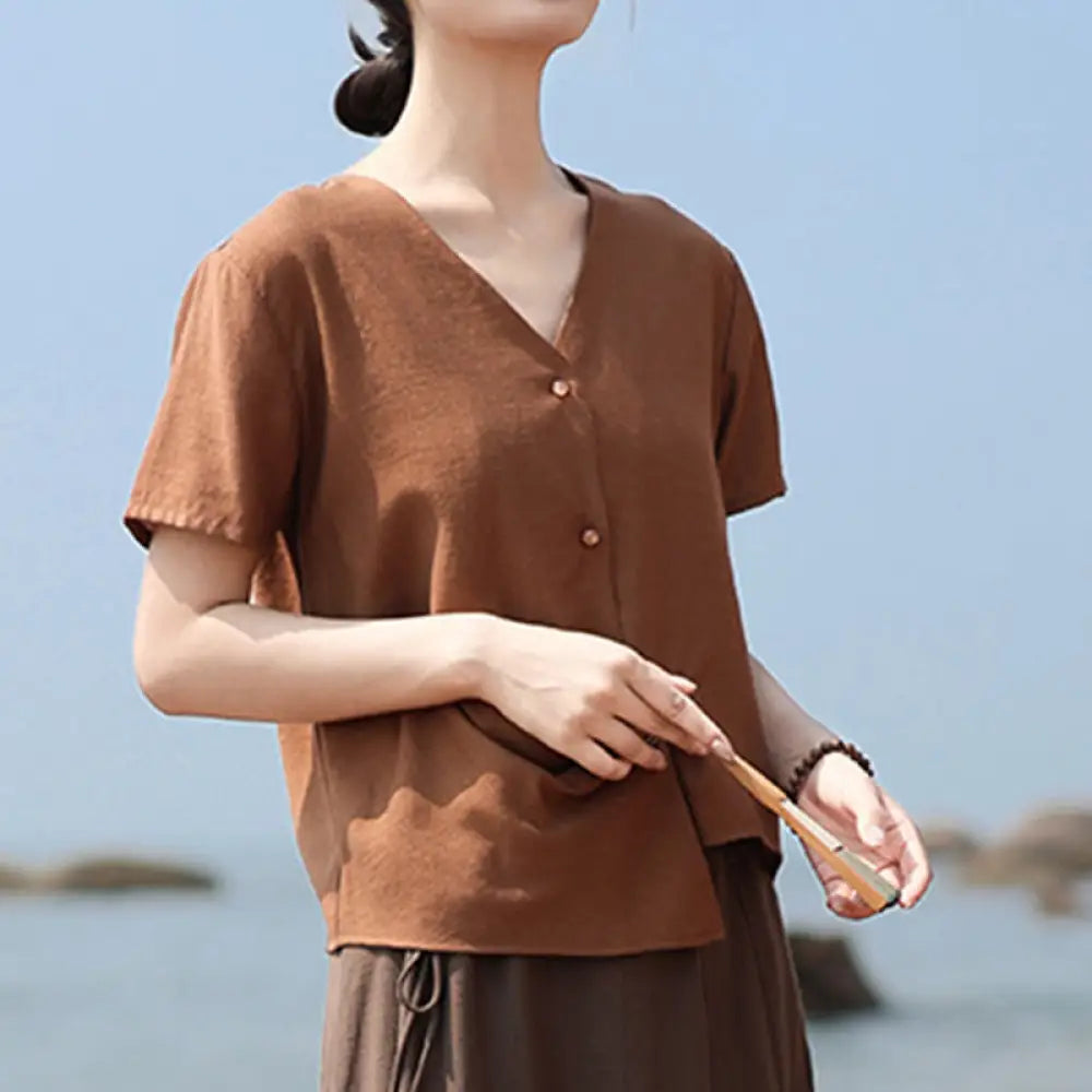 BWOOOH Button Irregular Design V-Neck Cotton Linen Women&