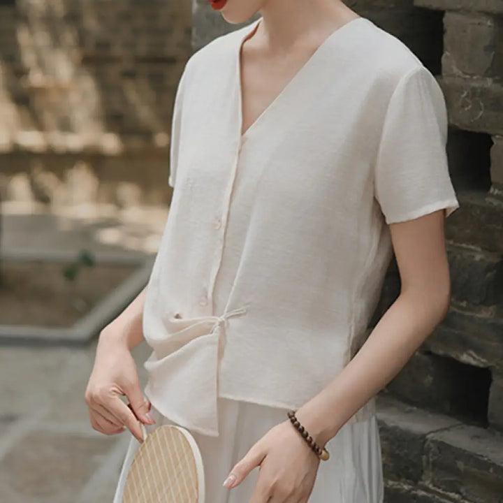 Buddha Stones Button Irregular Design V-Neck Cotton Linen Women’s Short Sleeve Shirt - FloralWhite / US4，UK/AU8，EU36