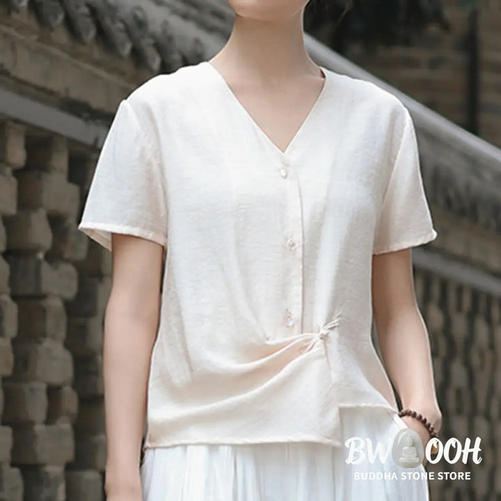 Buddha Stones Button Irregular Design V-Neck Cotton Linen Women’s Short Sleeve Shirt - Women’s Shirts
