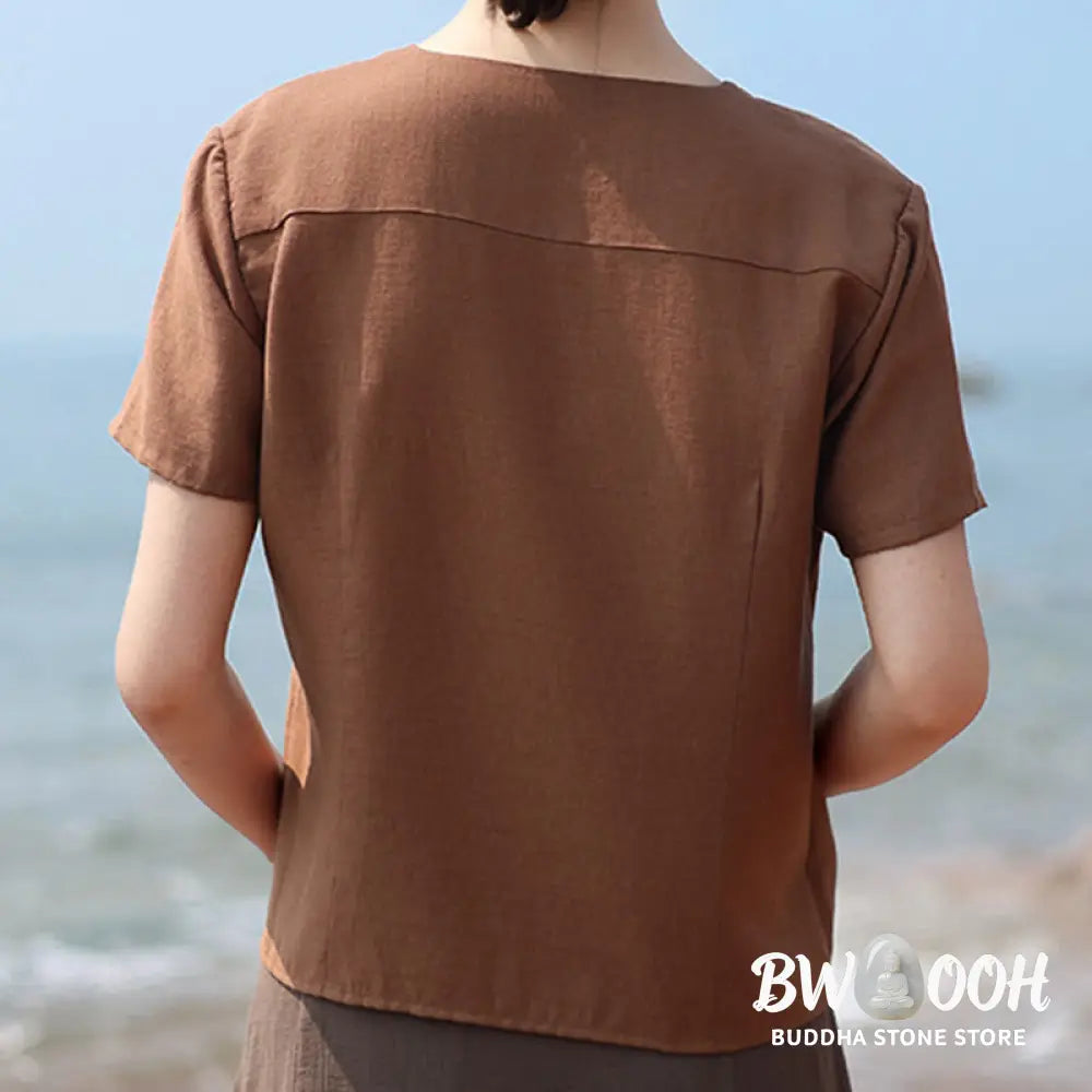 Buddha Stones Button Irregular Design V-Neck Cotton Linen Women’s Short Sleeve Shirt - Women’s Shirts