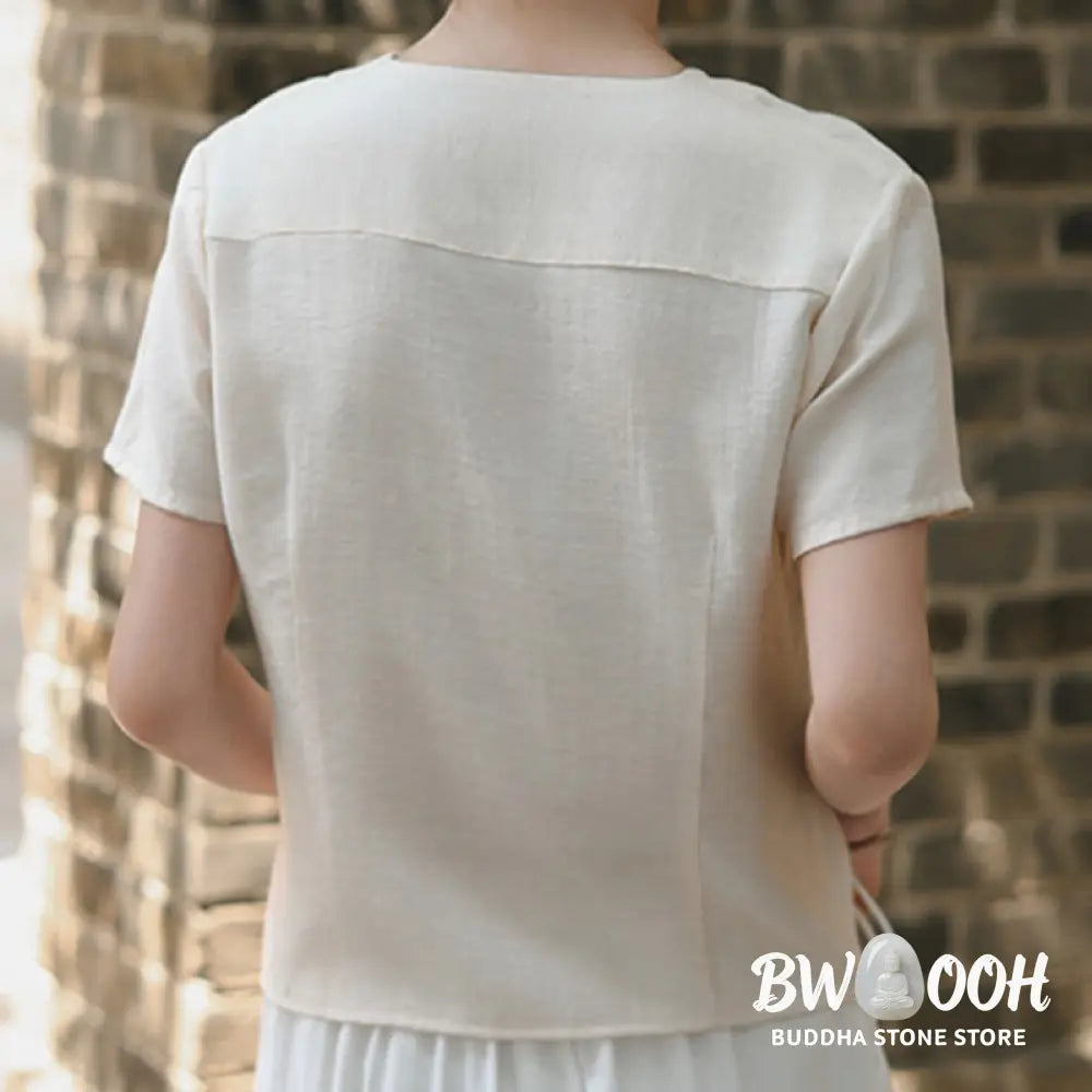 Buddha Stones Button Irregular Design V-Neck Cotton Linen Women’s Short Sleeve Shirt - Women’s Shirts