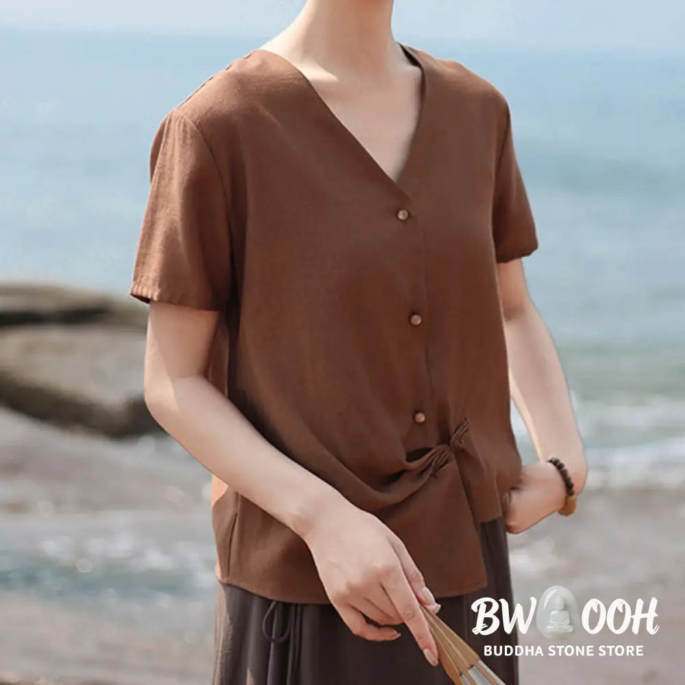 Buddha Stones Button Irregular Design V-Neck Cotton Linen Women’s Short Sleeve Shirt - Women’s Shirts