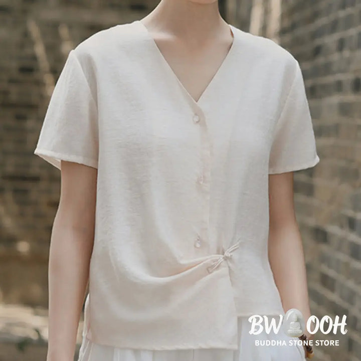 Buddha Stones Button Irregular Design V-Neck Cotton Linen Women’s Short Sleeve Shirt - Women’s Shirts
