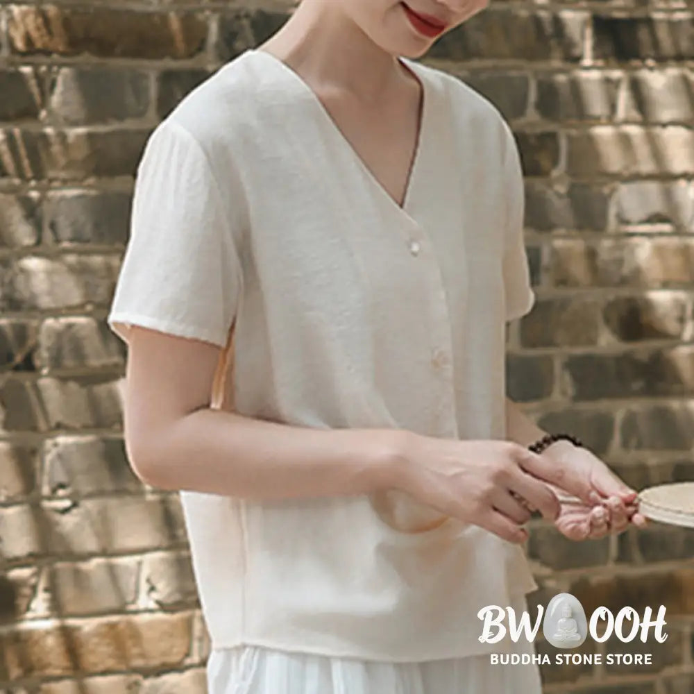 Buddha Stones Button Irregular Design V-Neck Cotton Linen Women’s Short Sleeve Shirt - Women’s Shirts