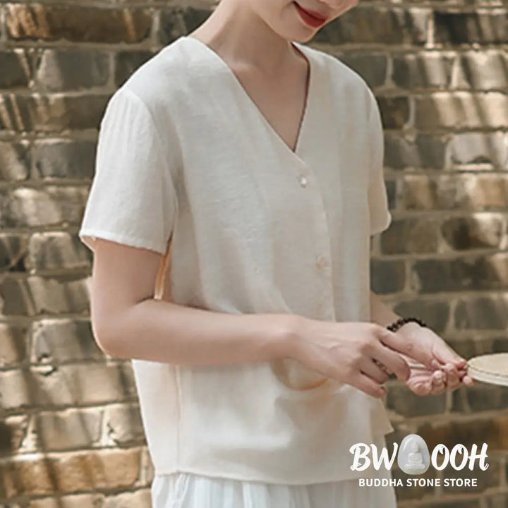 Buddha Stones Button Irregular Design V-Neck Cotton Linen Women’s Short Sleeve Shirt - Women’s Shirts