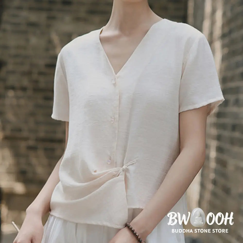 Buddha Stones Button Irregular Design V-Neck Cotton Linen Women’s Short Sleeve Shirt - Women’s Shirts