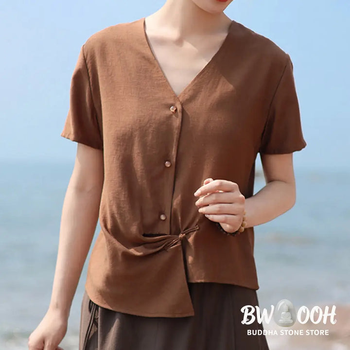 Buddha Stones Button Irregular Design V-Neck Cotton Linen Women’s Short Sleeve Shirt - Women’s Shirts