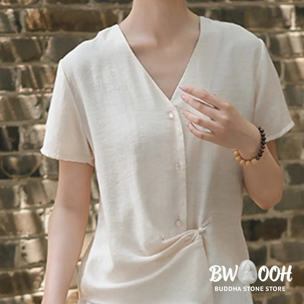 Buddha Stones Button Irregular Design V-Neck Cotton Linen Women’s Short Sleeve Shirt - Women’s Shirts