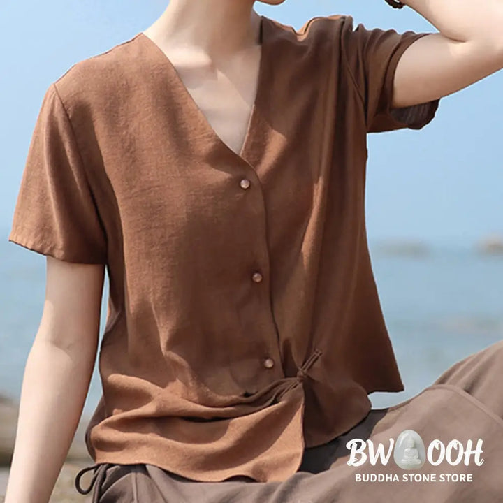 Buddha Stones Button Irregular Design V-Neck Cotton Linen Women’s Short Sleeve Shirt - Women’s Shirts
