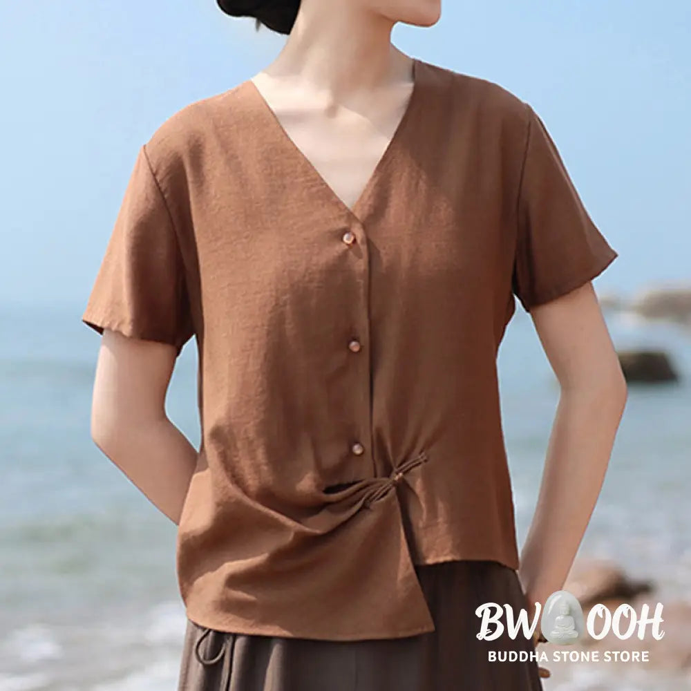 Buddha Stones Button Irregular Design V-Neck Cotton Linen Women’s Short Sleeve Shirt - Women’s Shirts