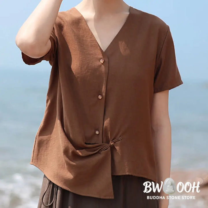Buddha Stones Button Irregular Design V-Neck Cotton Linen Women’s Short Sleeve Shirt - Women’s Shirts