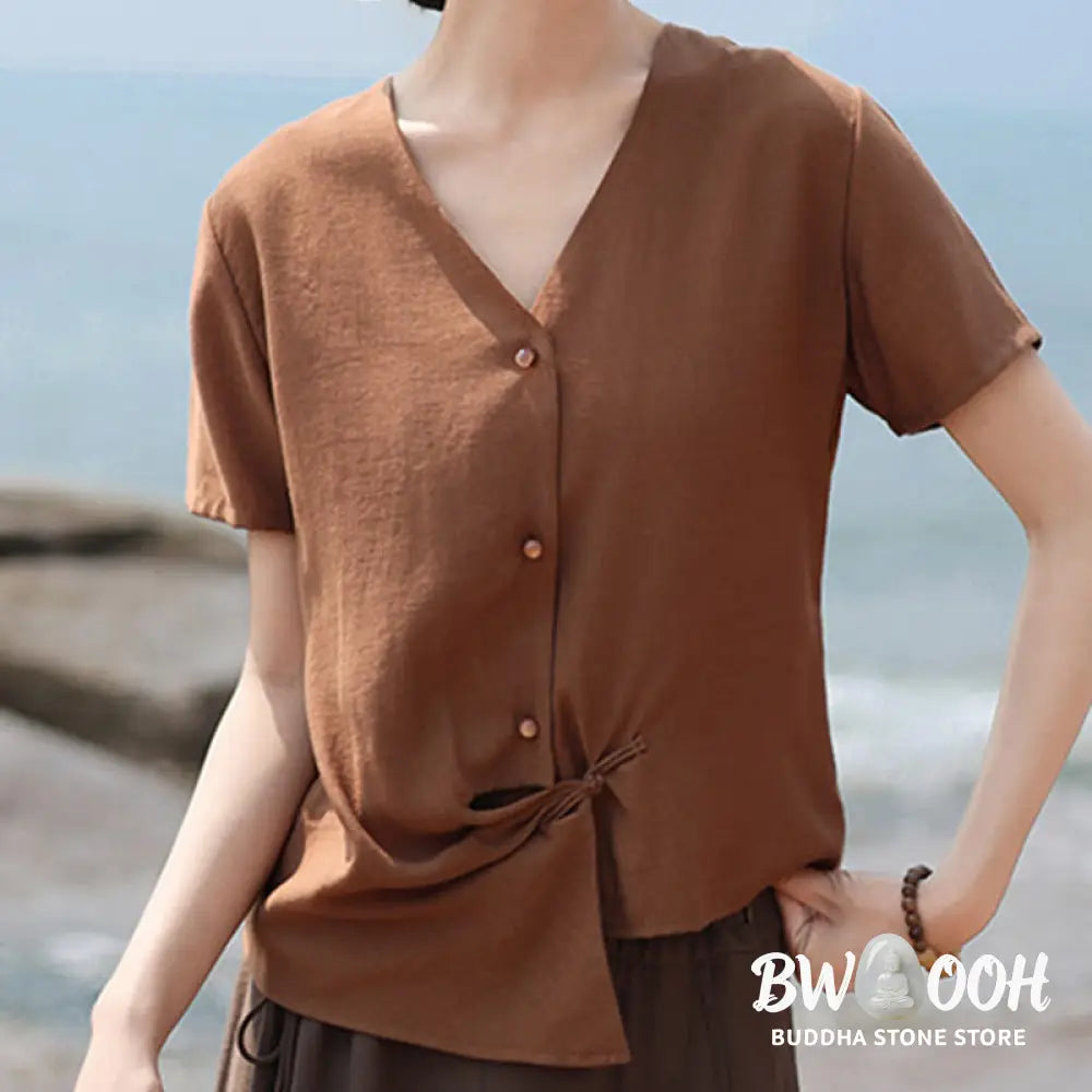 Buddha Stones Button Irregular Design V-Neck Cotton Linen Women’s Short Sleeve Shirt - Women’s Shirts