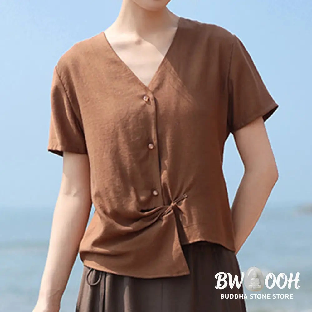Buddha Stones Button Irregular Design V-Neck Cotton Linen Women’s Short Sleeve Shirt - Women’s Shirts