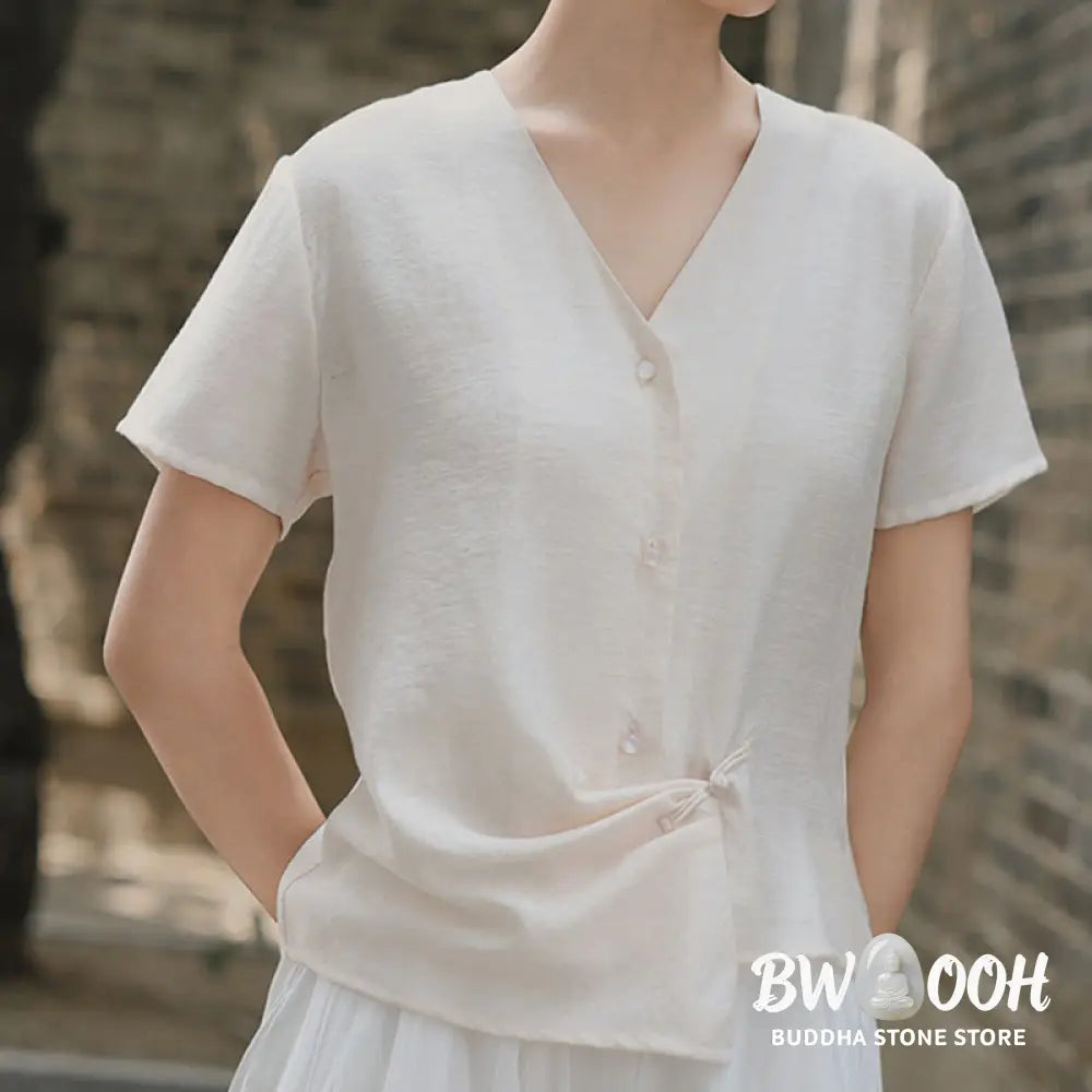 Buddha Stones Button Irregular Design V-Neck Cotton Linen Women’s Short Sleeve Shirt - Women’s Shirts