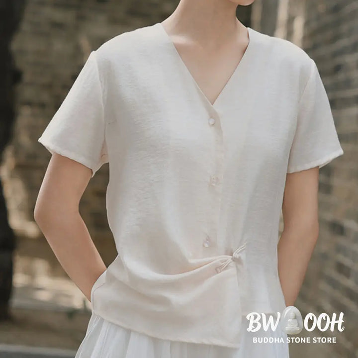 Buddha Stones Button Irregular Design V-Neck Cotton Linen Women’s Short Sleeve Shirt - Women’s Shirts