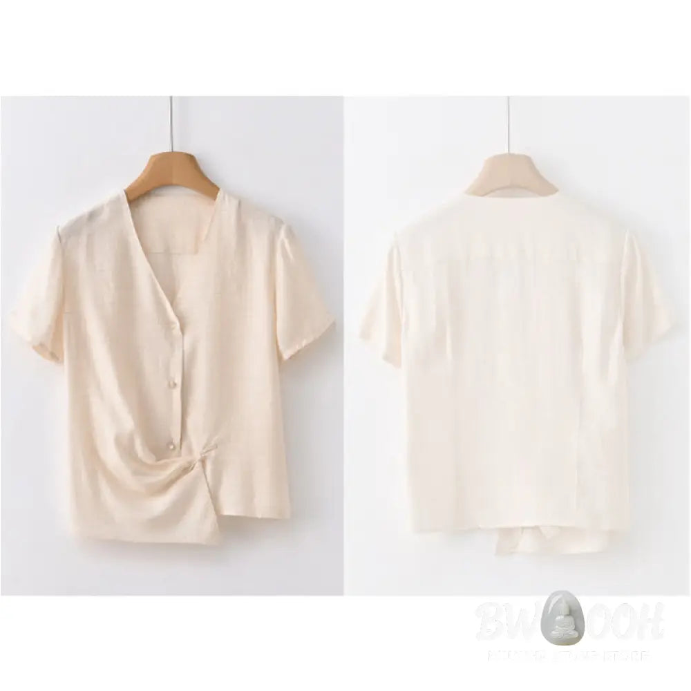 Buddha Stones Button Irregular Design V-Neck Cotton Linen Women’s Short Sleeve Shirt - Women’s Shirts