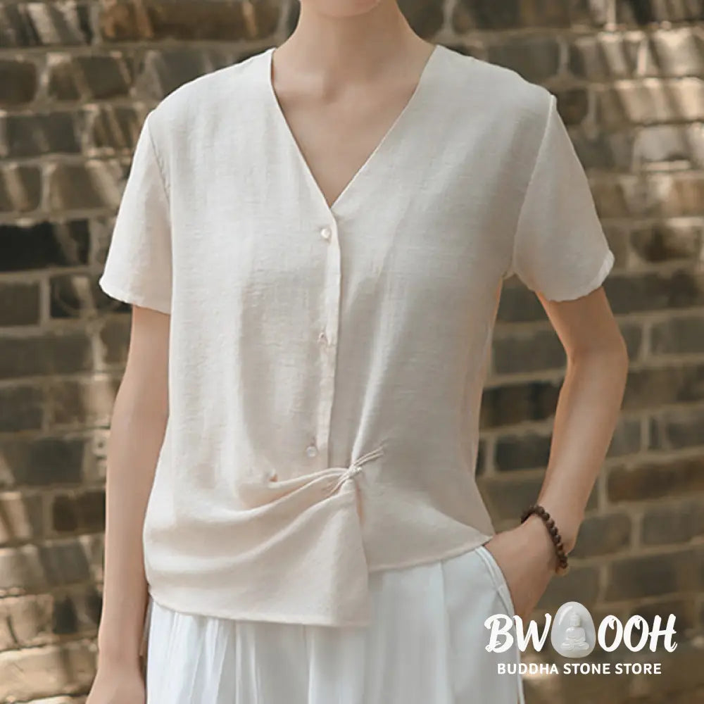 Buddha Stones Button Irregular Design V-Neck Cotton Linen Women’s Short Sleeve Shirt - Women’s Shirts