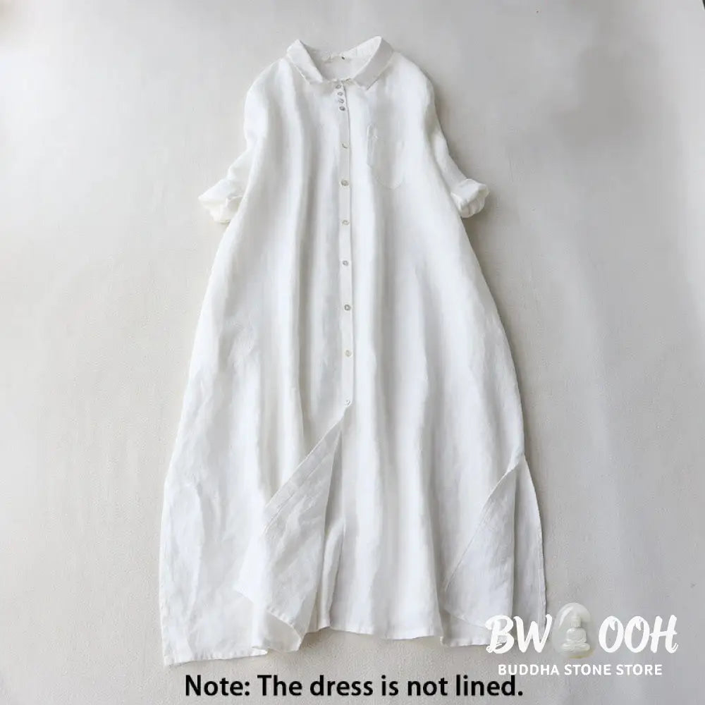Buddha Stones Buttons Design Lapel Three Quarter Sleeve Midi Dress With Pockets - Midi Dress