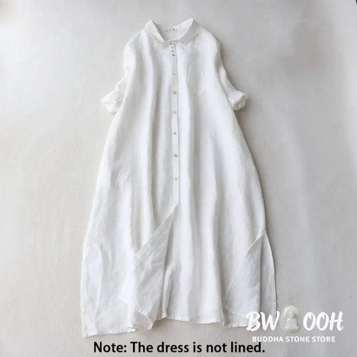 Buddha Stones Buttons Design Lapel Three Quarter Sleeve Midi Dress With Pockets - Midi Dress