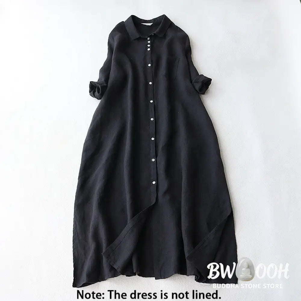 Buddha Stones Buttons Design Lapel Three Quarter Sleeve Midi Dress With Pockets - Midi Dress