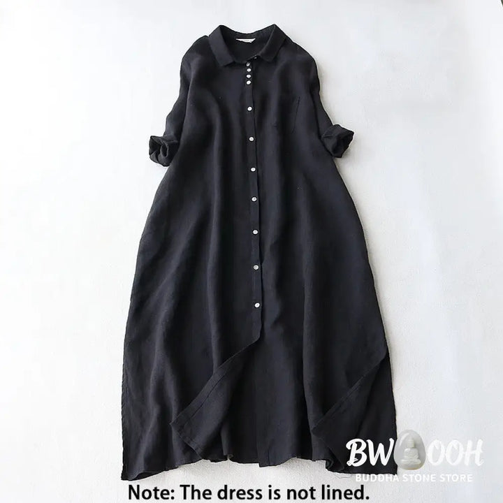 Buddha Stones Buttons Design Lapel Three Quarter Sleeve Midi Dress With Pockets - Midi Dress