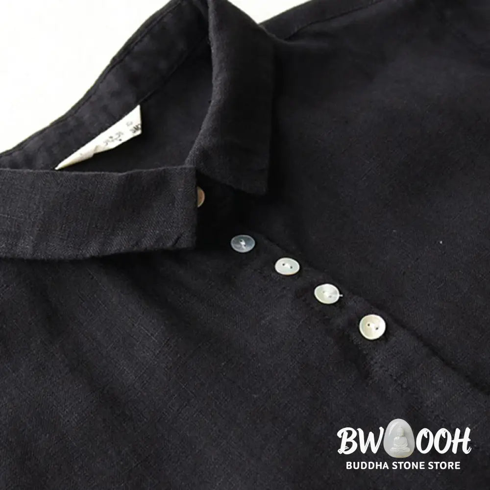 Buddha Stones Buttons Design Lapel Three Quarter Sleeve Midi Dress With Pockets - Midi Dress