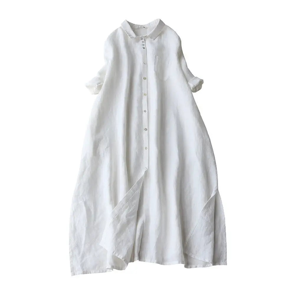 Buddha Stones Buttons Design Lapel Three Quarter Sleeve Midi Dress With Pockets - White / US4，UK/AU8，EU36 (L) - Midi