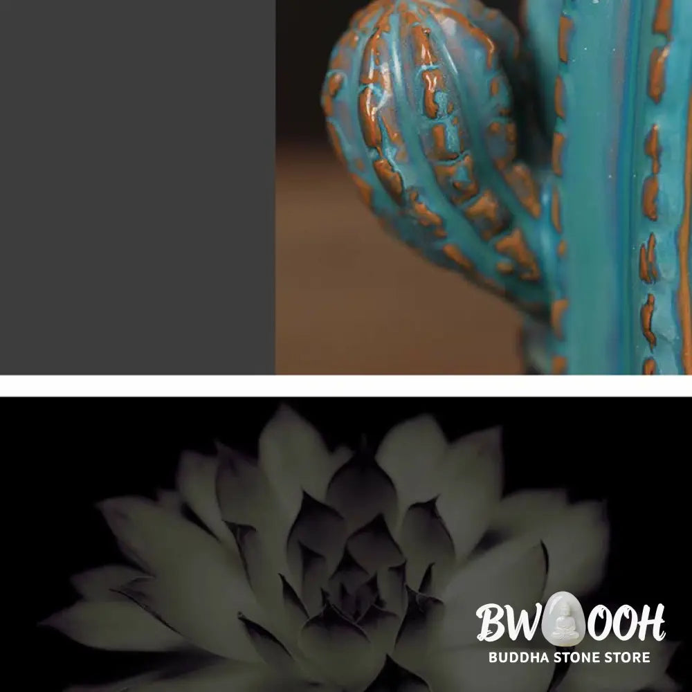 BWOOOH Cactus Ceramic Healing Backflow Smoke Fountain Incense Burner - Cactus-Blue 12.5*6.5*17cm - Incense Burner