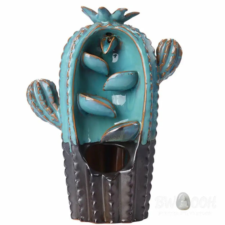 BWOOOH Cactus Ceramic Healing Backflow Smoke Fountain Incense Burner - Cactus-Blue 12.5*6.5*17cm - Incense Burner